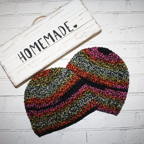 🖤🌈 Black + Rainbow Striped Beanie – Handmade Crochet · OS * - Picture 2 of 5
